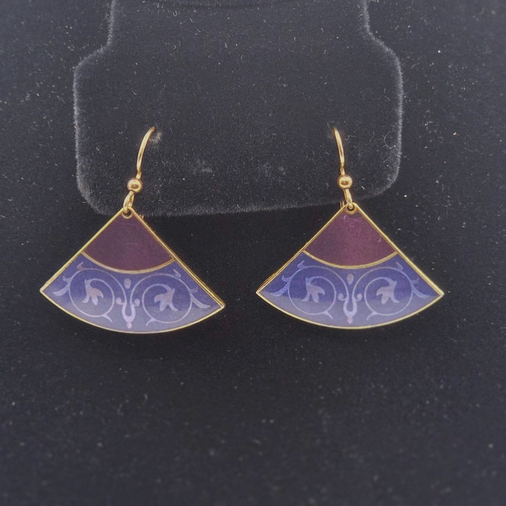 Isle of Skye Enamel Cloisonné Fan Drop Earrings Purple Blue Gold Tone Scrollwork